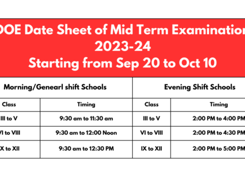 DOE Date Sheet Mid Term 2023-24 Timing of  Examination